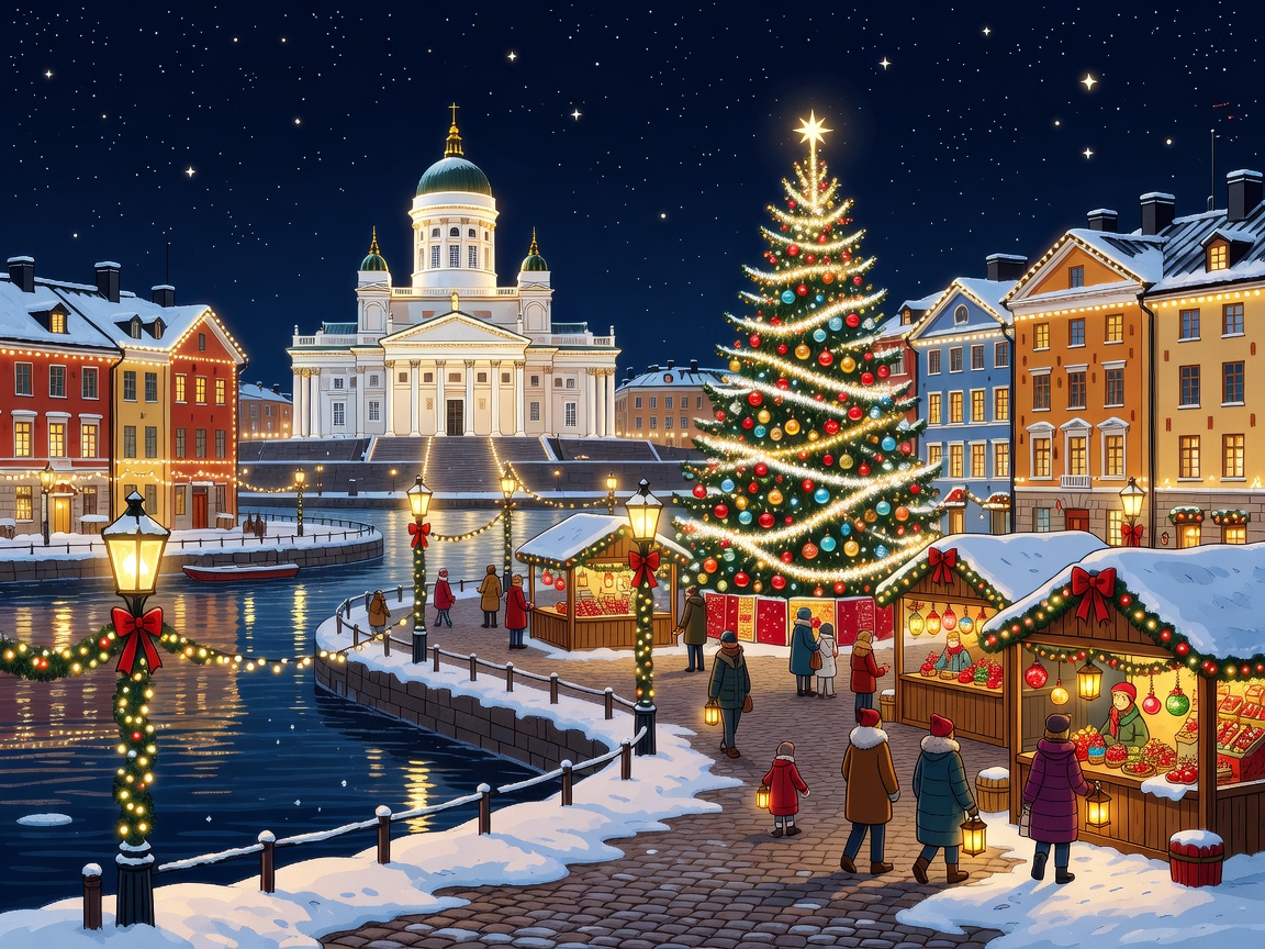 A beautiful cartoon layout of Helsinki harbor glowing under festive Christmas lights