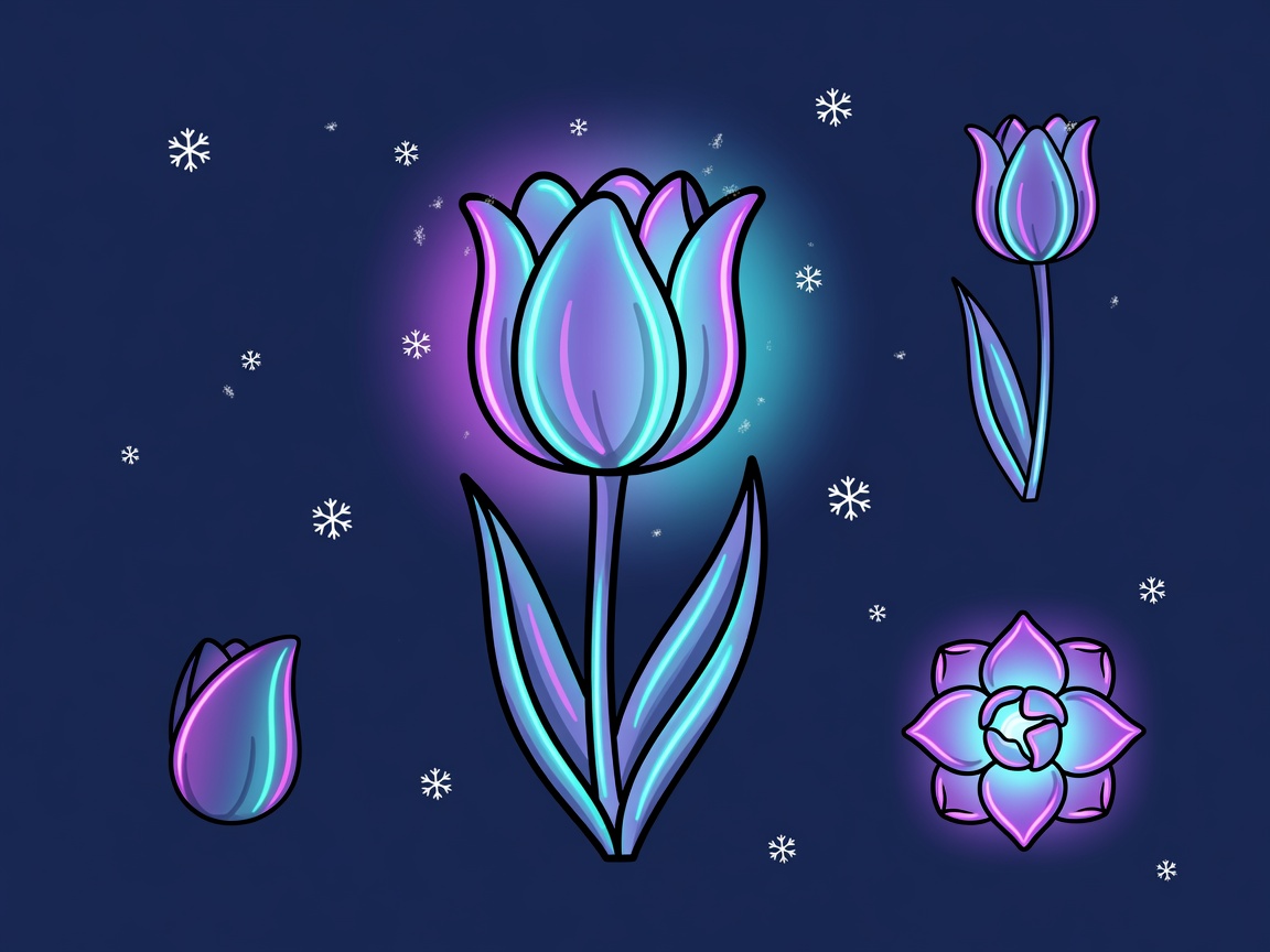 A cartoon style guide displaying glowing neon winter tulips
