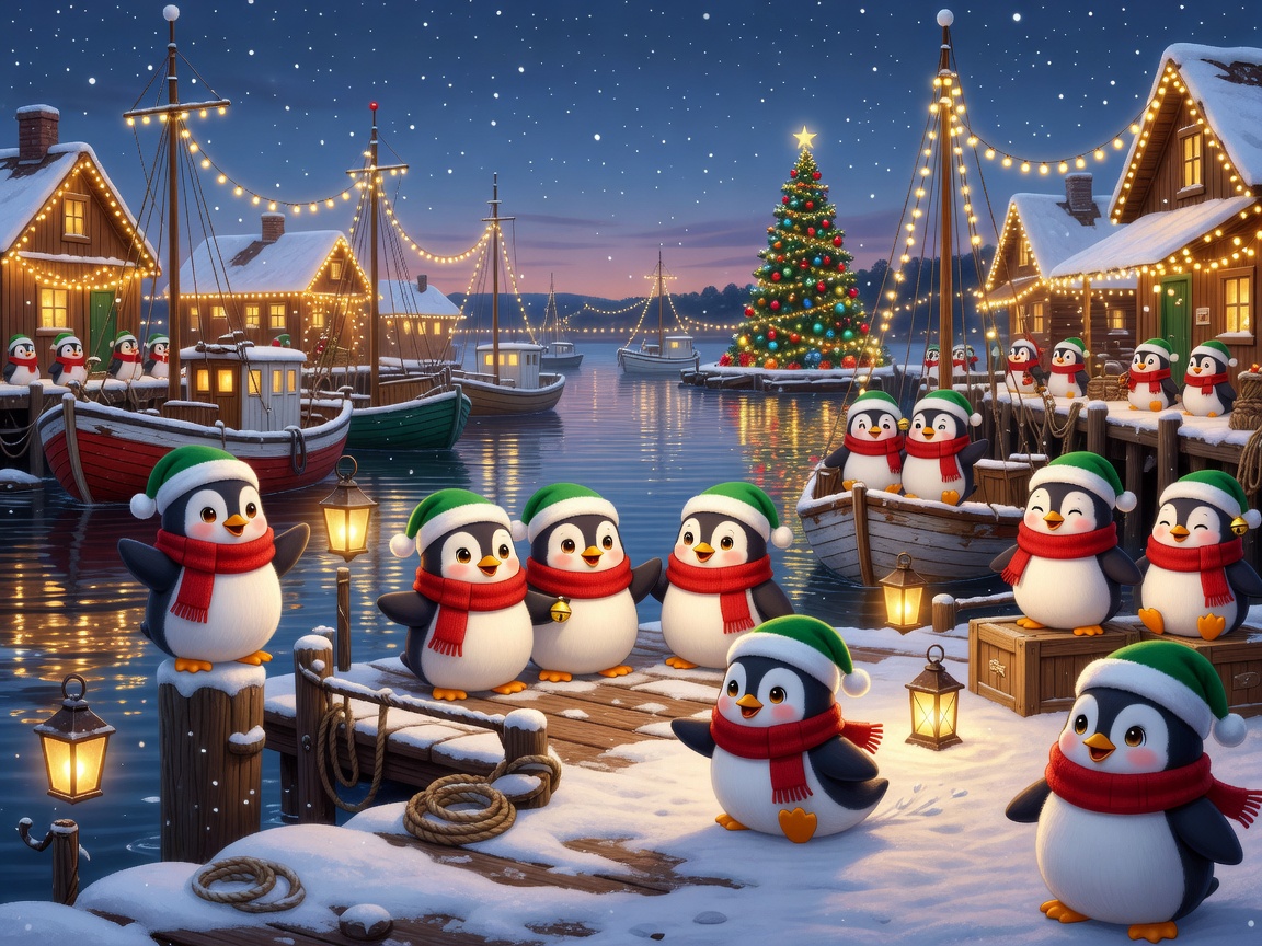 Festive glowing harbor with cute cartoon penguin hosts