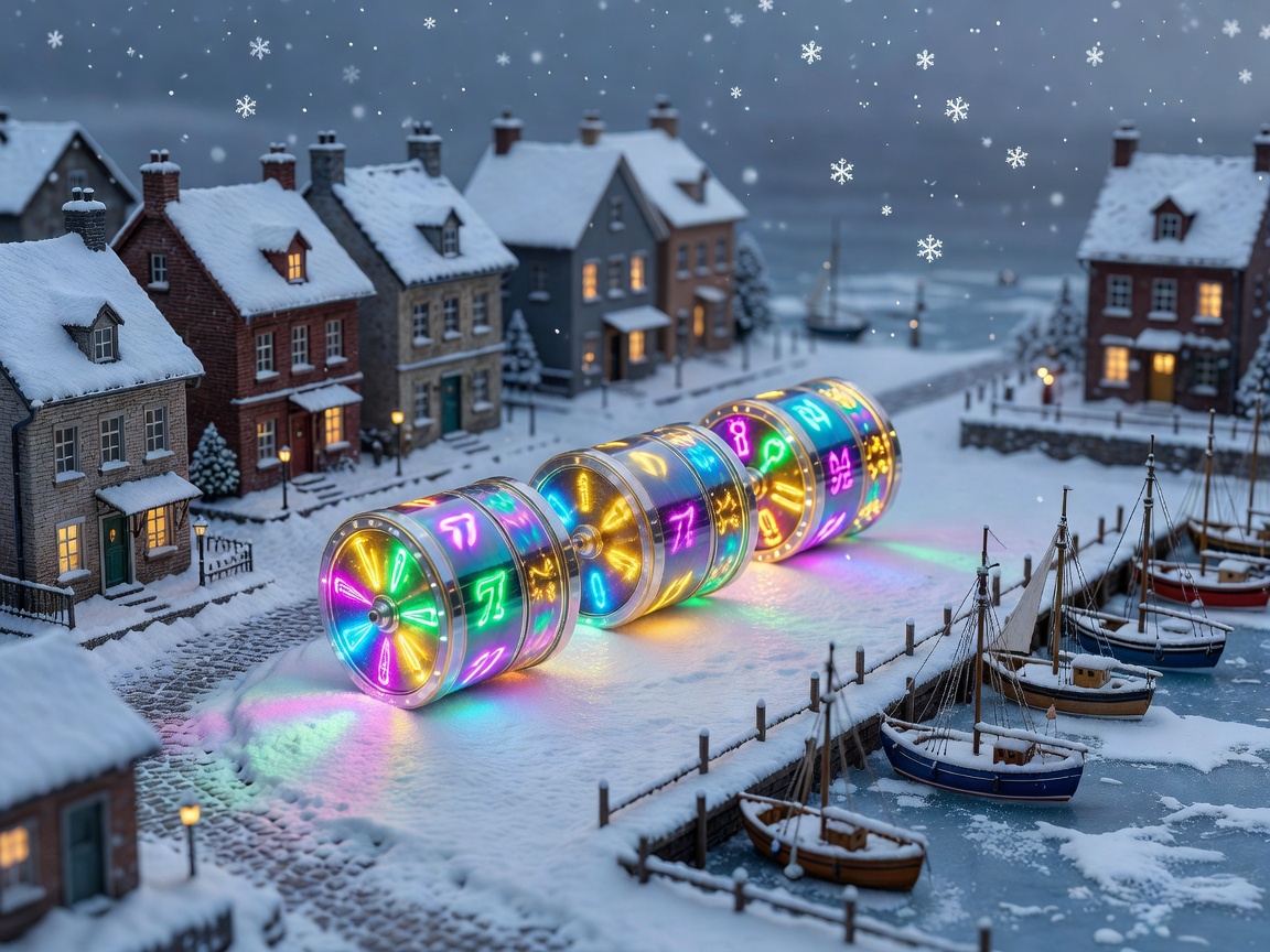 Miniature glowing colorful slot wheels on a snowy harbor street