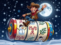 Playful cartoon cowboy riding a slot machine reel under winter stars