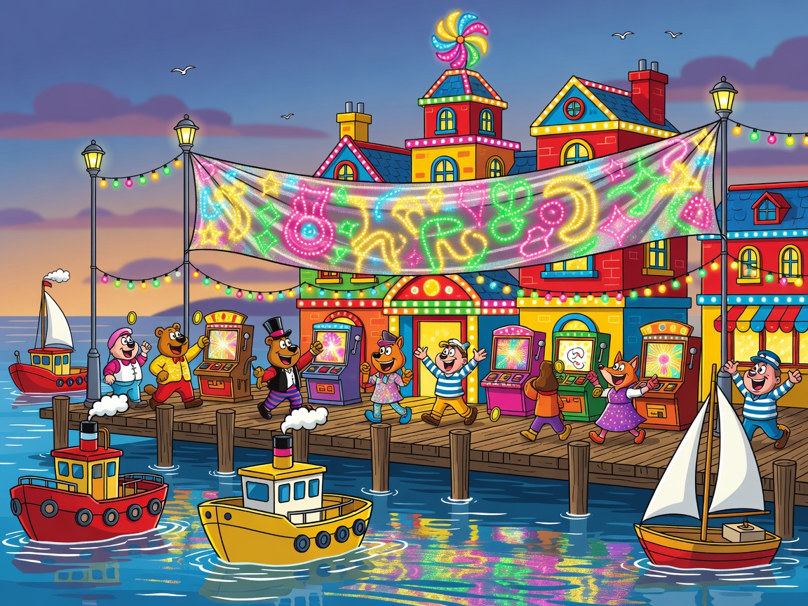 Vibrant cartoon harbor social casino scenery with flashing festive lights