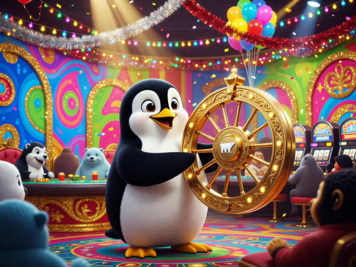 Cartoon penguin holding a golden wheel inside a colorful festive casino
